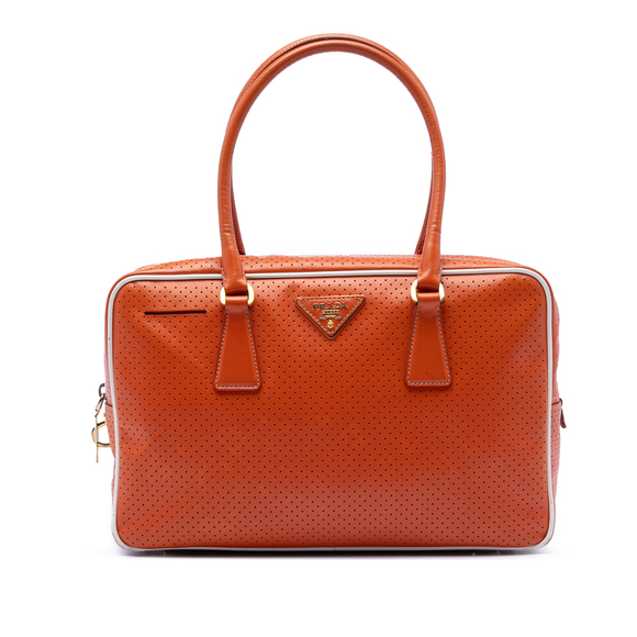 Pre-Loved Prada Perforated Vitello Drive Leather Bauletto Top Handle Bag